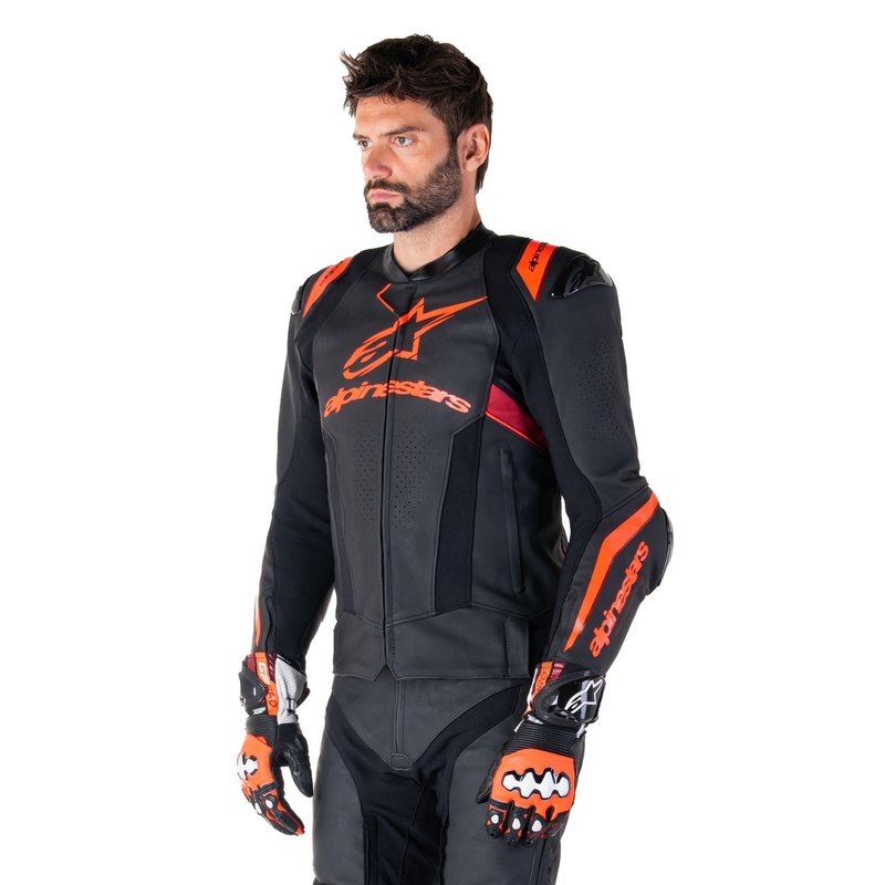 Alpinestars Missile 3 Ignition Leder-Motorradjacke Schwarz-Fluorot-Dunkelrot
