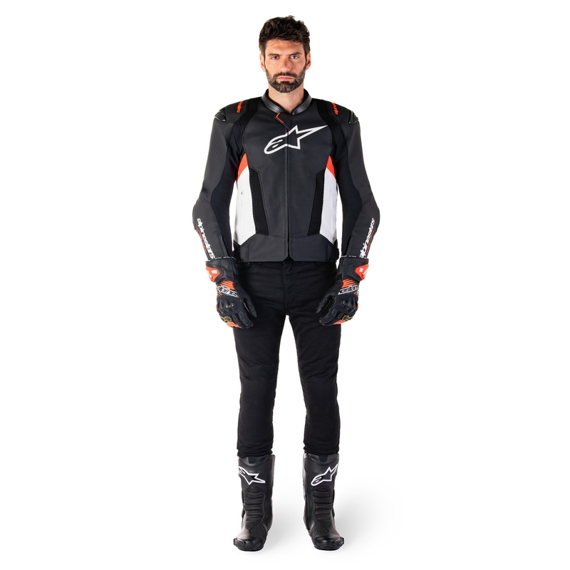 Leder-Motorradjacke Alpinestars Missile 3 Airflow Schwarz-Weiß-Fluorot