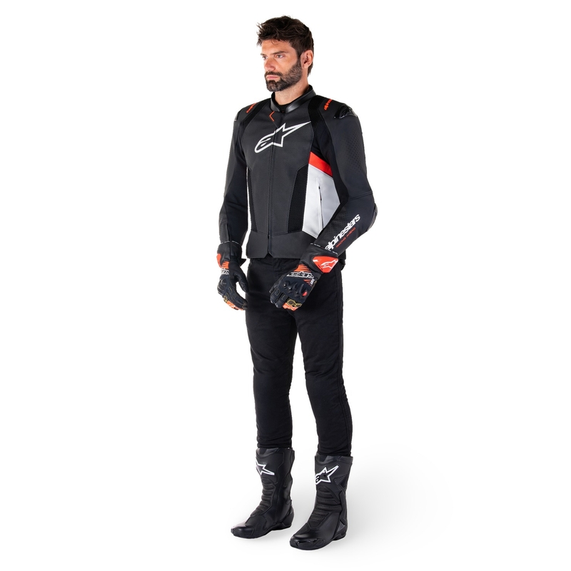 Leder-Motorradjacke Alpinestars Missile 3 Airflow Schwarz-Weiß-Fluorot