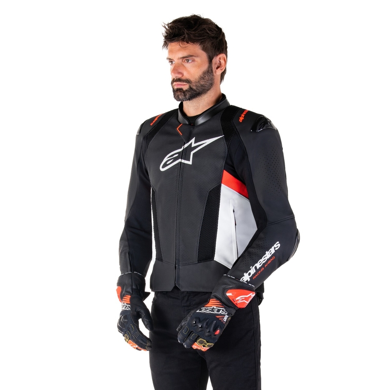 Leder-Motorradjacke Alpinestars Missile 3 Airflow Schwarz-Weiß-Fluorot