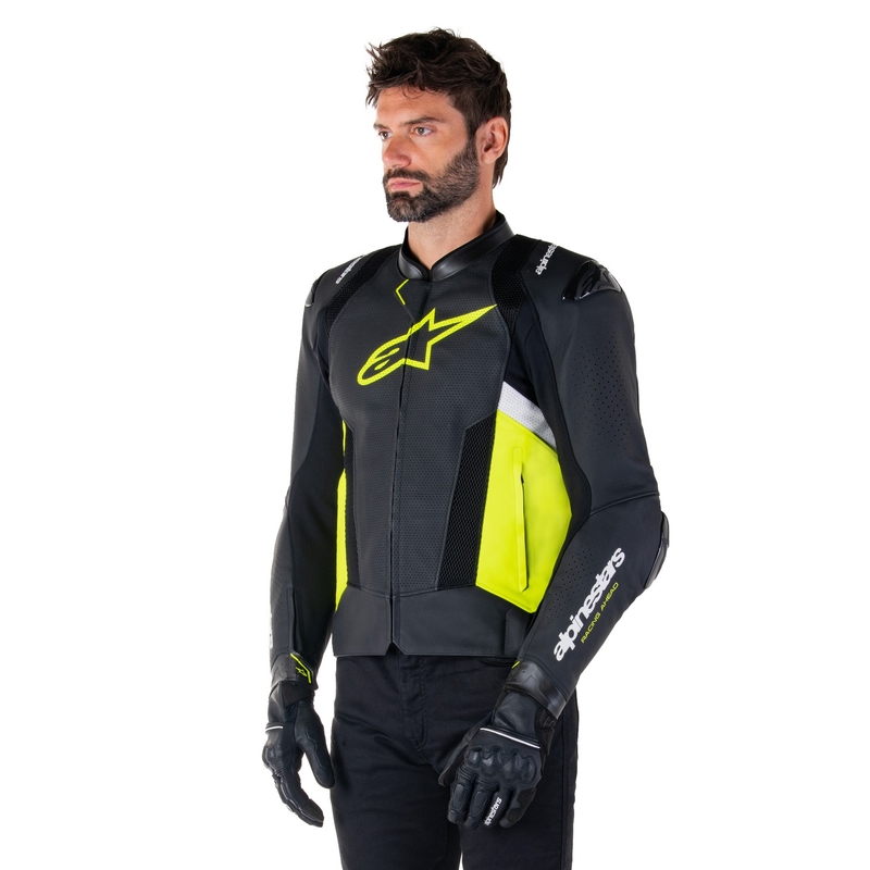 Leder-Motorradjacke Alpinestars Missile 3 Airflow Schwarz-Fluo-Gelb-Weiß