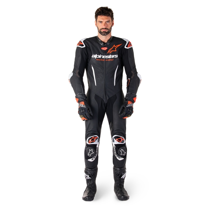 Alpinestars GP-R7 Tech-Air-fähiger/kompatibler einteiliger Leder-Motorradanzug in Schwarz-Weiß-Fluorot