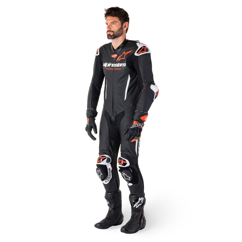 Alpinestars GP-R7 Tech-Air-fähiger/kompatibler einteiliger Leder-Motorradanzug in Schwarz-Weiß-Fluorot
