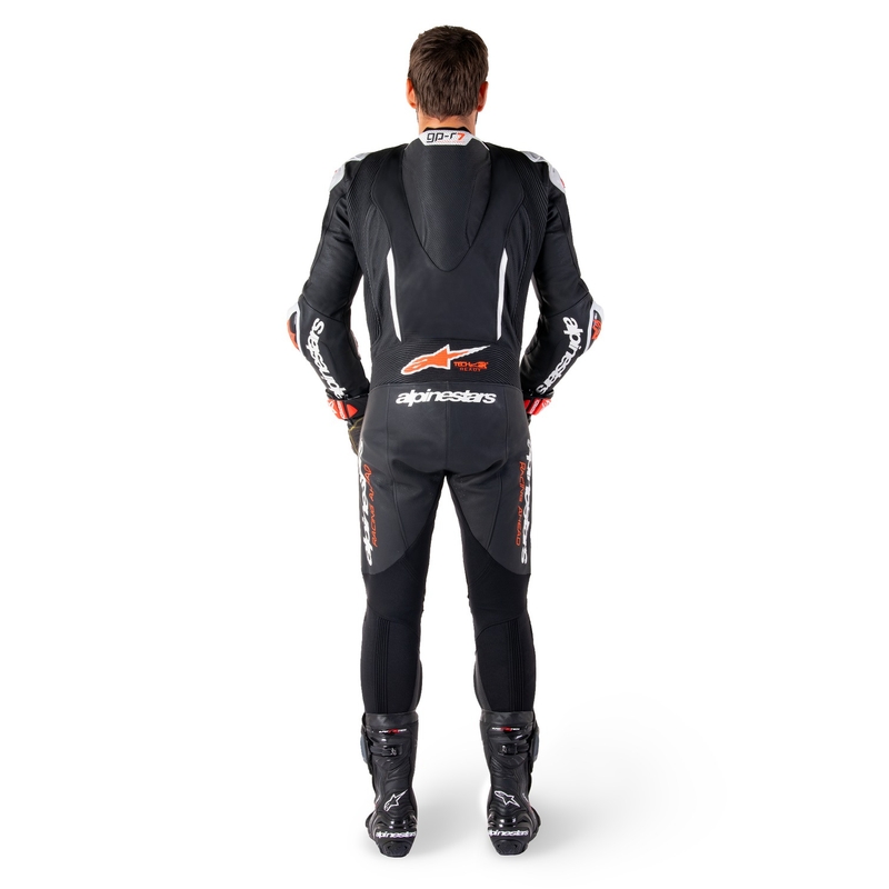 Alpinestars GP-R7 Tech-Air-fähiger/kompatibler einteiliger Leder-Motorradanzug in Schwarz-Weiß-Fluorot