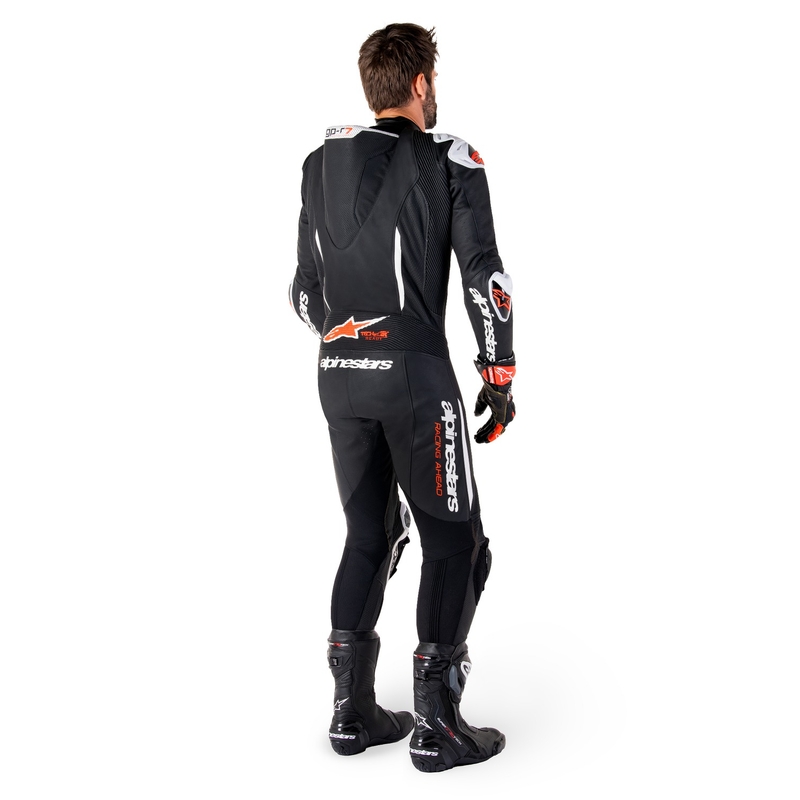 Alpinestars GP-R7 Tech-Air-fähiger/kompatibler einteiliger Leder-Motorradanzug in Schwarz-Weiß-Fluorot