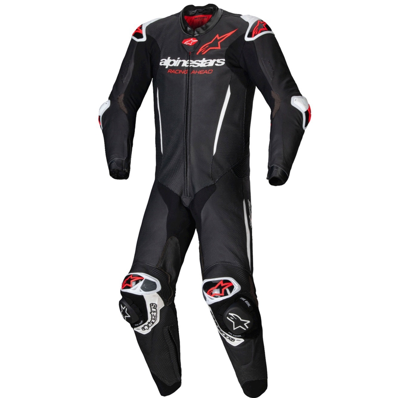 Alpinestars GP-R7 Tech-Air-fähiger/kompatibler einteiliger Leder-Motorradanzug in Schwarz-Weiß-Fluorot