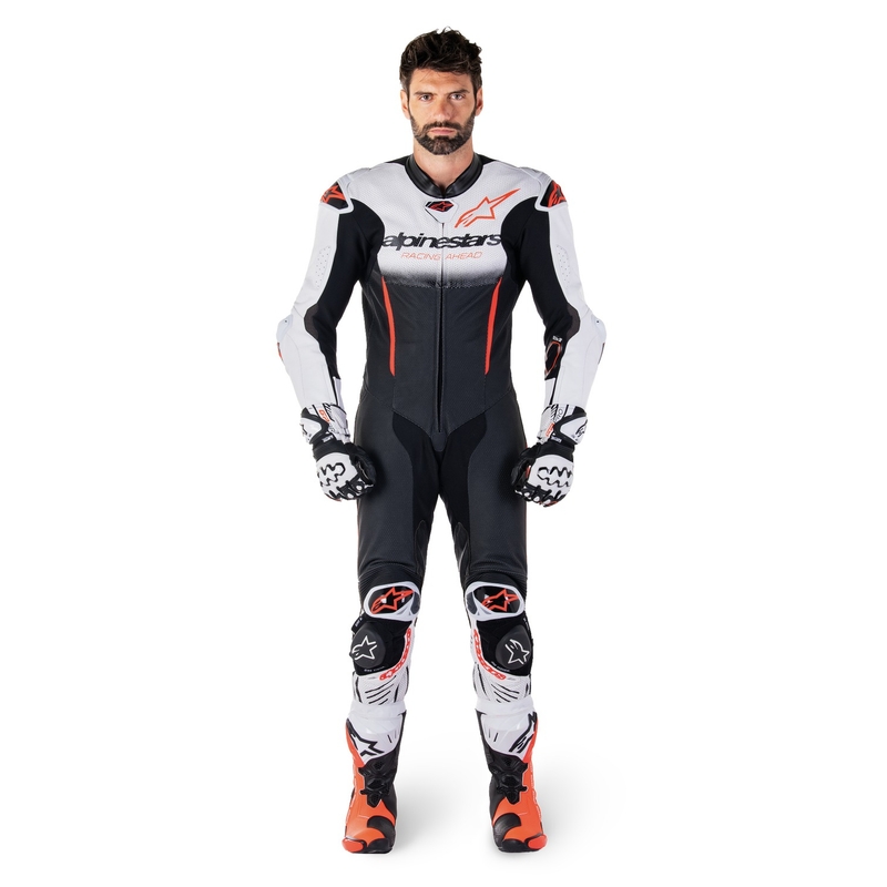 Alpinestars GP-R7 Tech-Air Ready/kompatibler einteiliger Lederkombi Weiß-Schwarz-Fluorot