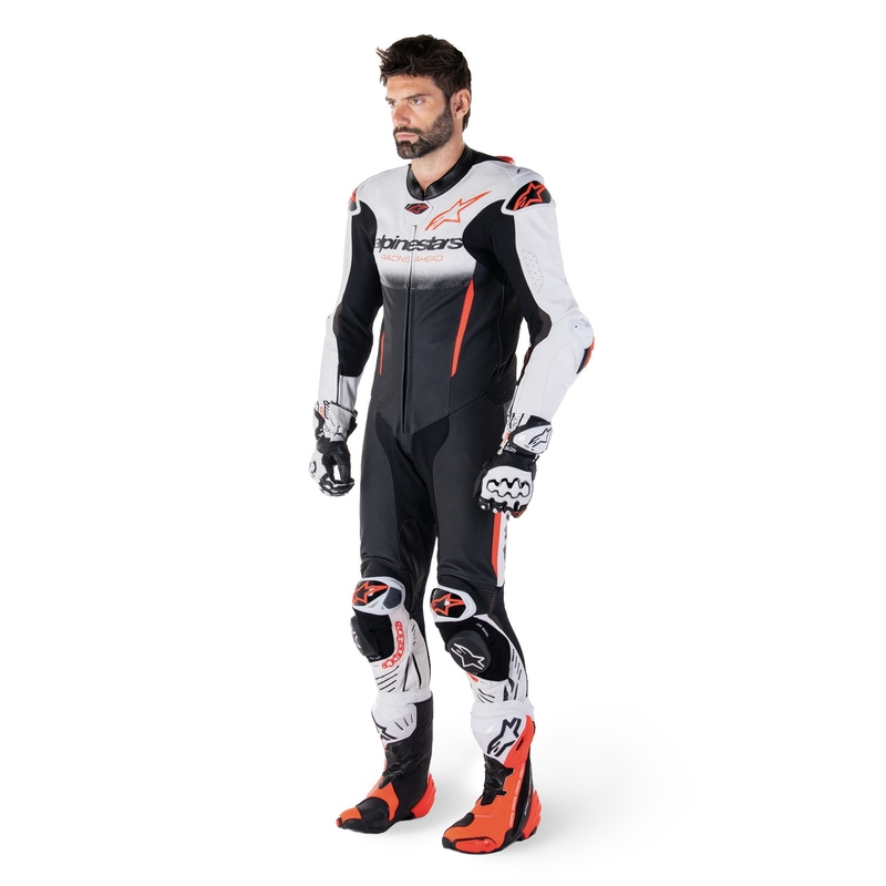 Alpinestars GP-R7 Tech-Air Ready/kompatibler einteiliger Lederkombi Weiß-Schwarz-Fluorot