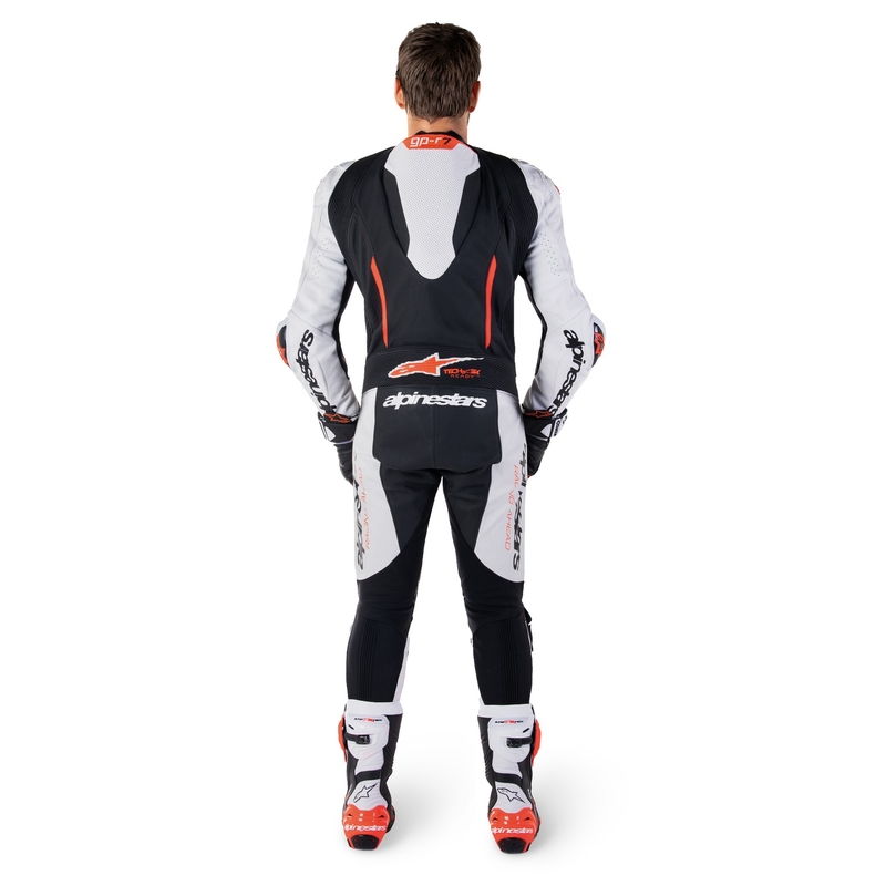 Alpinestars GP-R7 Tech-Air Ready/kompatibler einteiliger Lederkombi Weiß-Schwarz-Fluorot