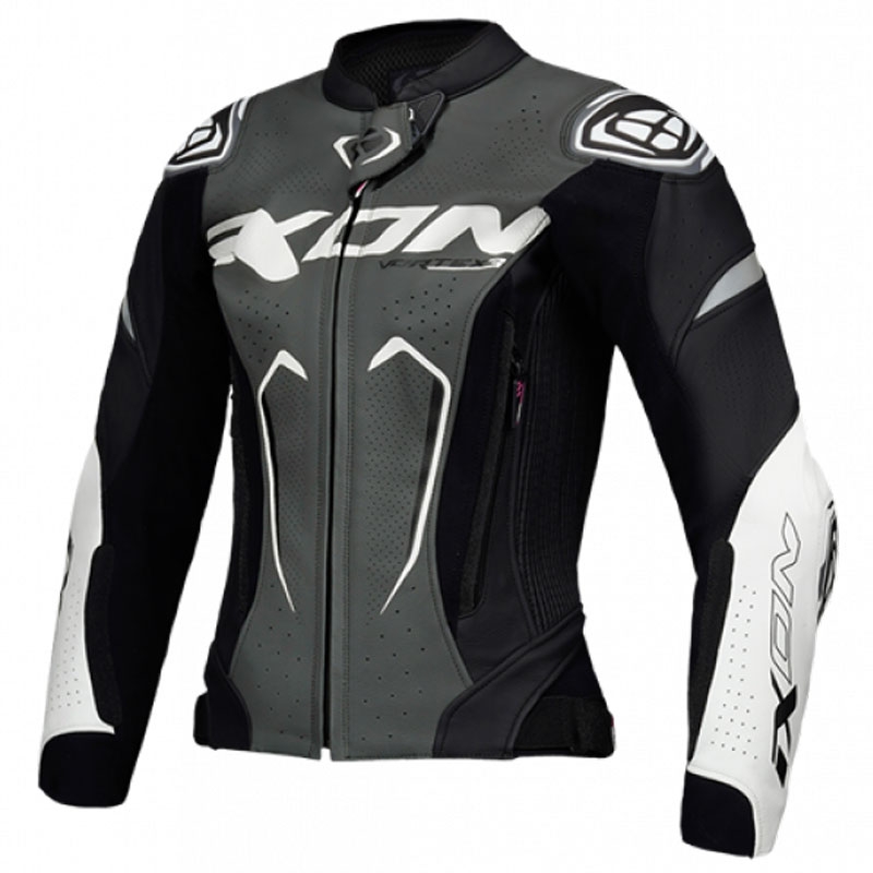 Damen-Leder-Motorradjacke IXON Vortex 3 Schwarz-Anthrazit-Weiß