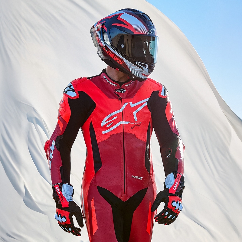 Alpinestars GP Plus V4 Sprint Einteiliger Leder-Motorradanzug, Tech-Air-kompatibel, Fluo Rot-Rot-Weiß-Schwarz