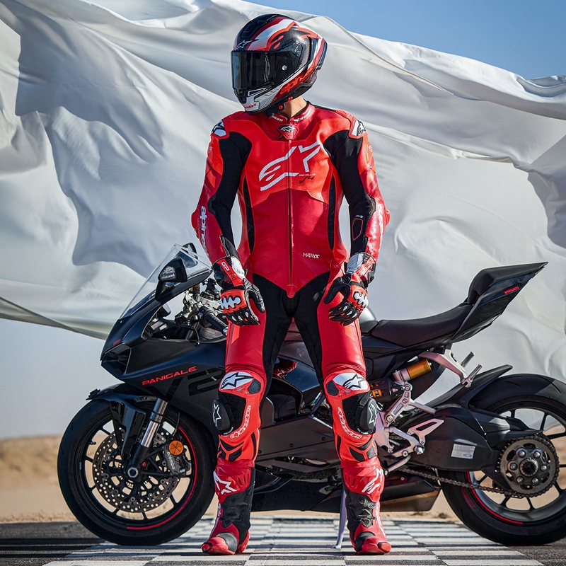 Alpinestars GP Plus V4 Sprint Einteiliger Leder-Motorradanzug, Tech-Air-kompatibel, Fluo Rot-Rot-Weiß-Schwarz