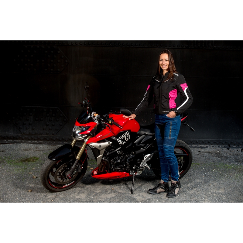 Damen-Motorradjacke Street Racer Betty Schwarz, Weiß und Rosa Ausverkauf