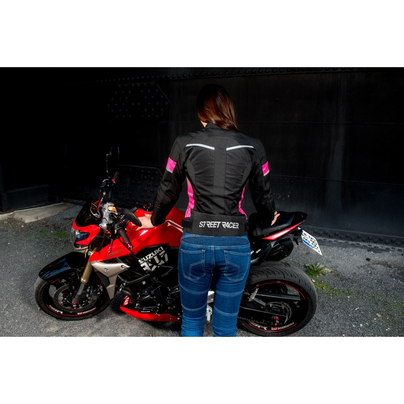 Damen-Motorradjacke Street Racer Betty Schwarz, Weiß und Rosa Ausverkauf