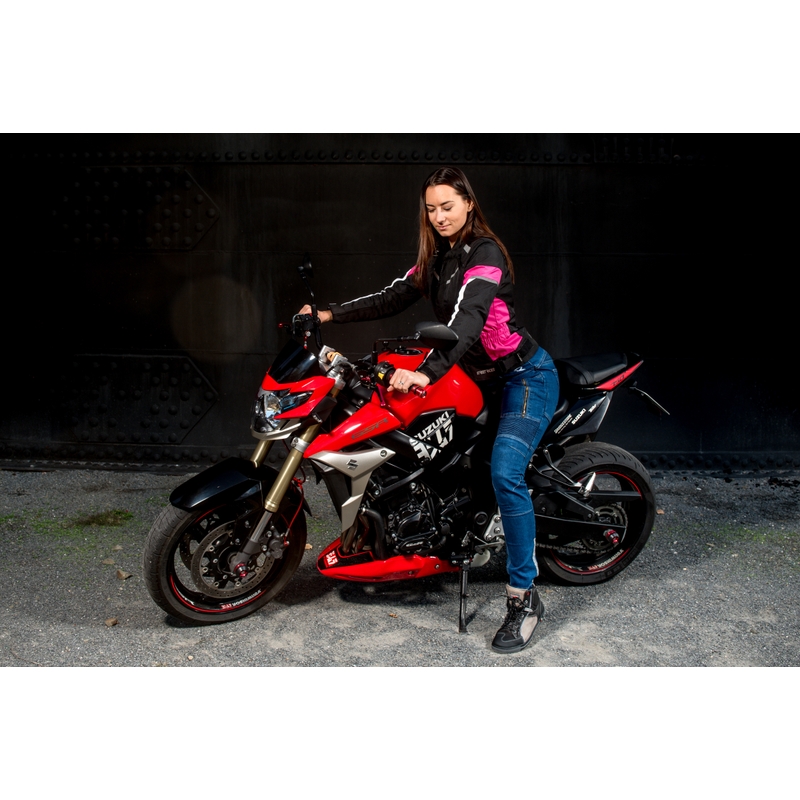 Damen-Motorradjacke Street Racer Betty Schwarz, Weiß und Rosa Ausverkauf