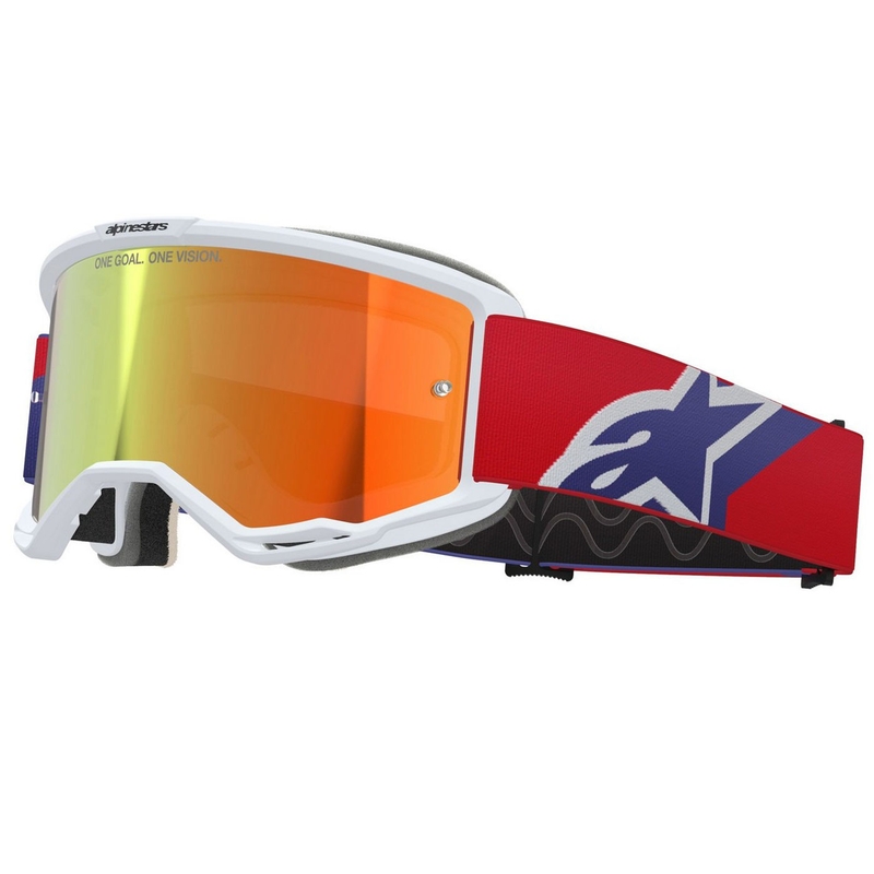 Alpinestars Vision 5 Corp Motocrossbrille weiß-blau-rot mit verspiegelter roter Linse
