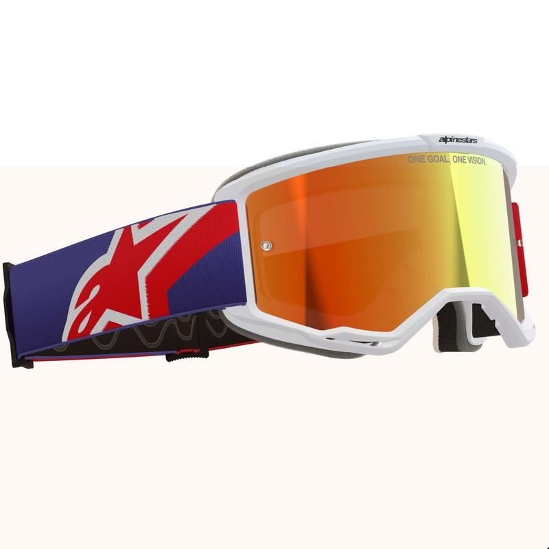 Alpinestars Vision 5 Corp Motocrossbrille weiß-blau-rot mit verspiegelter roter Linse
