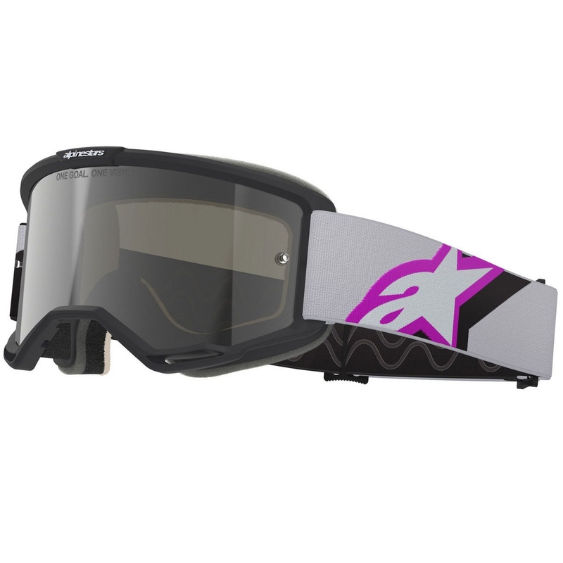 Alpinestars Vision 5 Corp Motocrossbrille schwarz-grau-lila-weiß mit verspiegelter silberner Linse