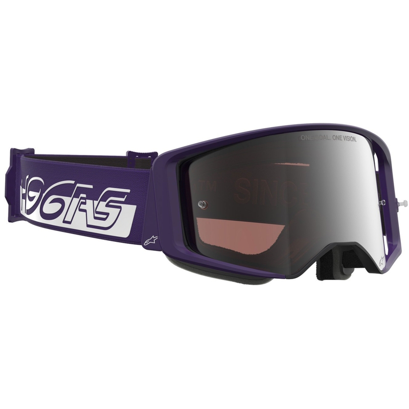 Alpinestars Supertech Vision Hunta96 XXV Motocrossbrille lila-weiß mit verspiegeltem silbernem Plexiglas