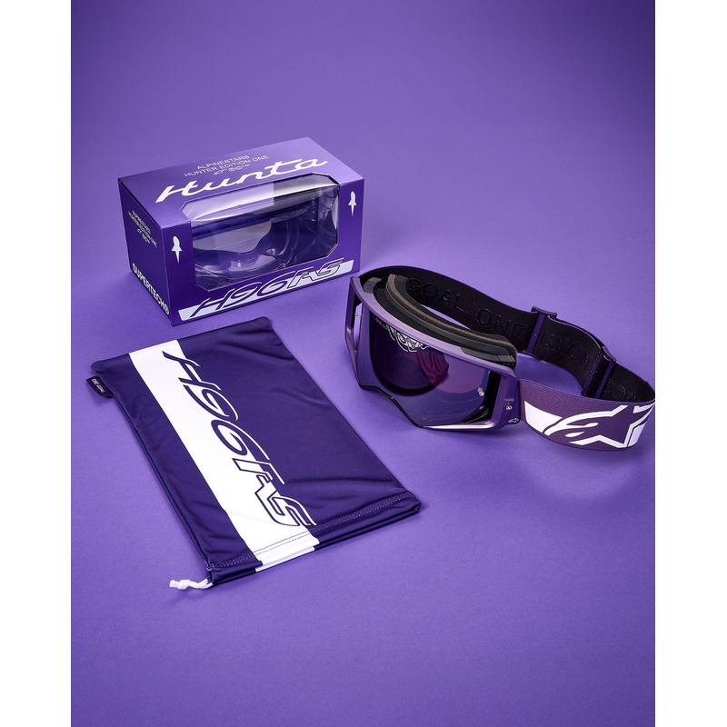 Alpinestars Supertech Vision Hunta96 XXV Motocrossbrille lila-weiß mit verspiegeltem silbernem Plexiglas