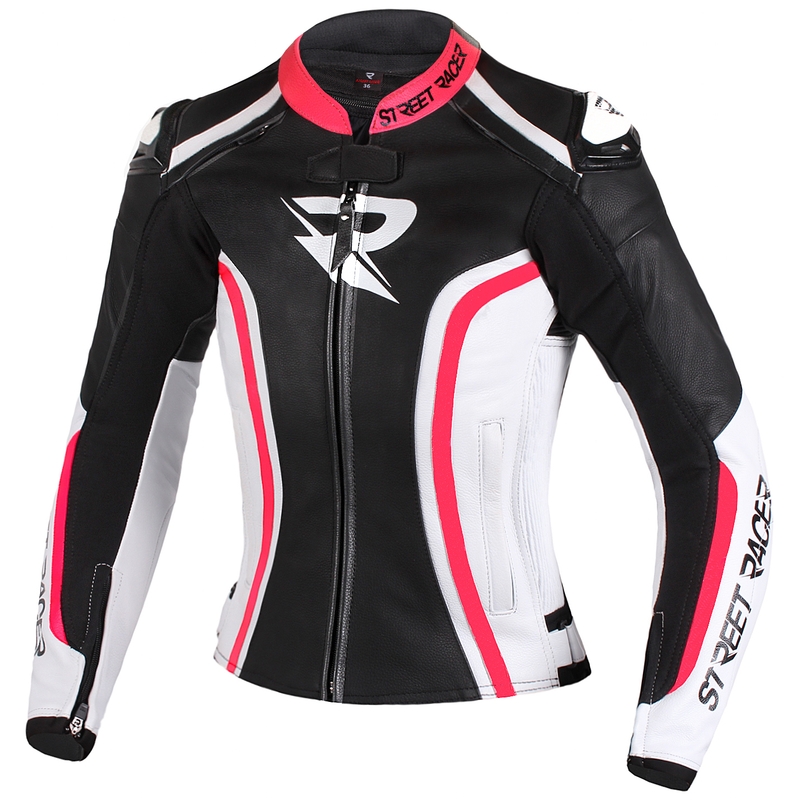 Women's Street Racer Electra Schwarz-Weiß-Fluo Pink Motorradjacke Ausverkauf