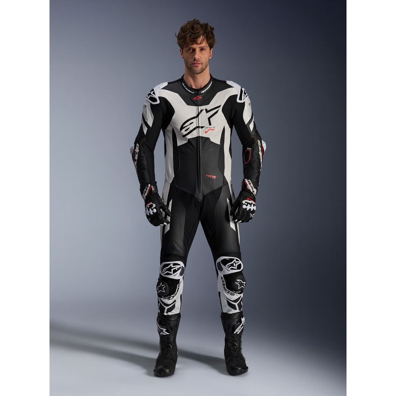 Alpinestars GP Plus V4 Sprint Einteiliger Lederanzug, Tech-Air-kompatibel Schwarz-Weiß-Rot Fluo