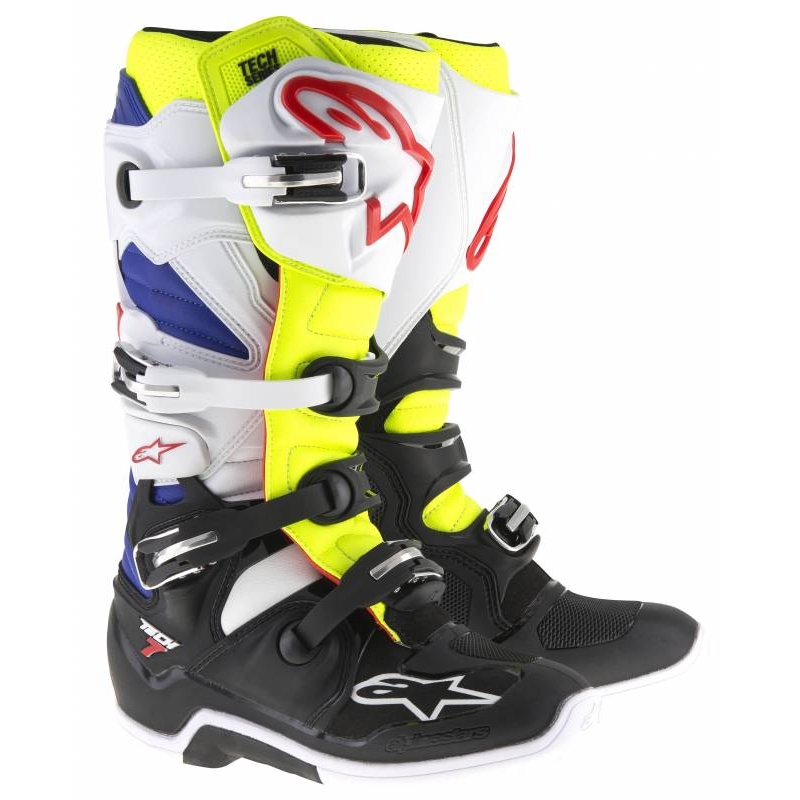 Alpinestars Tech 7 weiß-schwarz-blau-rot-fluo gelb Motorradstiefel