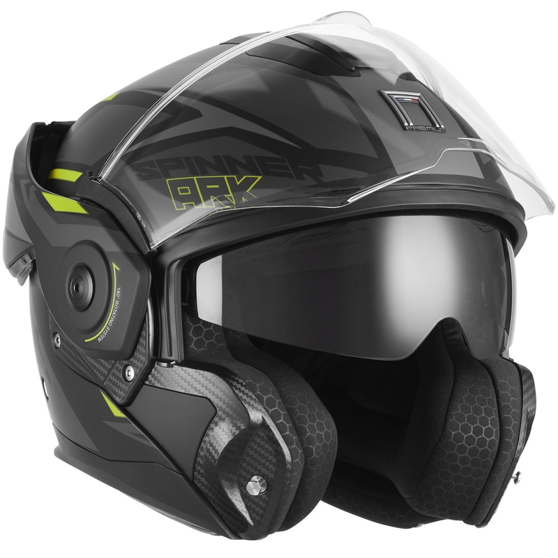 NOX PREMIUM Spinner Ark Klapphelm für Motorräder, matt schwarz-fluoreszierend gelb