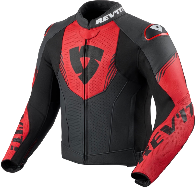 Revit Argon 3 Motorradjacke aus schwarzem und fluoreszierendem rotem Leder