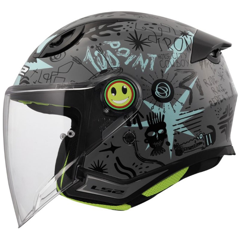 Kinder-Motorradhelm mit offenem Visier LS2 OF622 Funny II Scribble, glänzend graublau