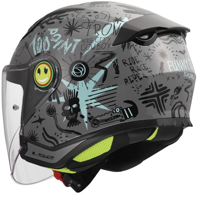Kinder-Motorradhelm mit offenem Visier LS2 OF622 Funny II Scribble, glänzend graublau