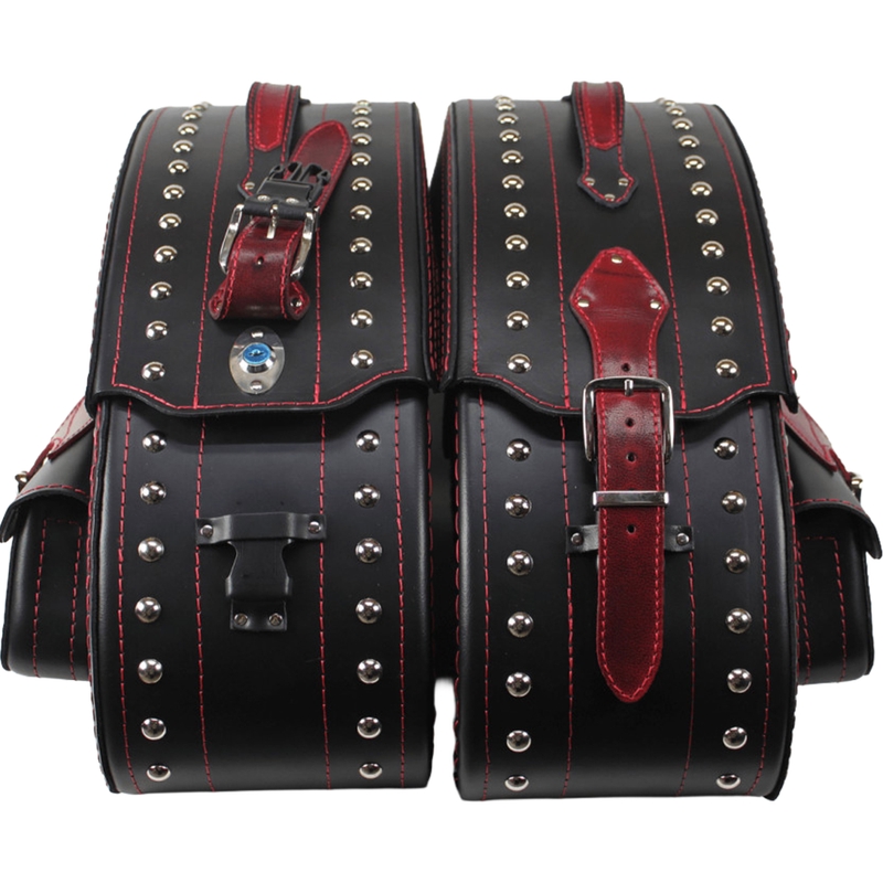 Motorradsatteltaschen aus Leder mit Nieten RSA S261B schwarz-rot