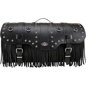 Motorradkoffer aus Leder mit Schloss, Nieten und Fransen, Modell RSA K160, schwarz