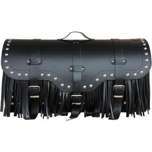 Motorradkoffer aus Leder mit Schloss, Nieten und Fransen, RSA K165, schwarz
