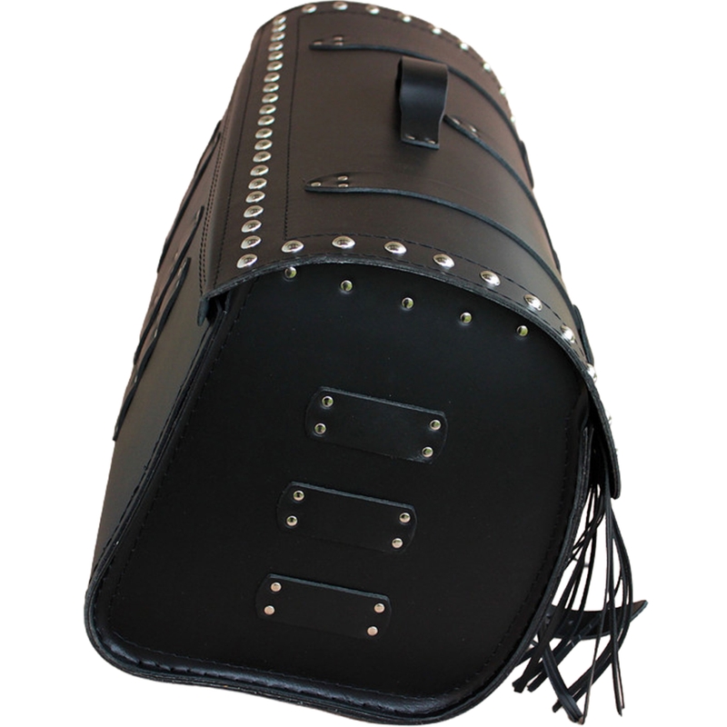 Motorradkoffer aus Leder mit Schloss, Nieten und Fransen, RSA K165, schwarz