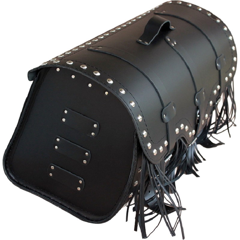 Motorradkoffer aus Leder mit Schloss, Nieten und Fransen, RSA K165, schwarz
