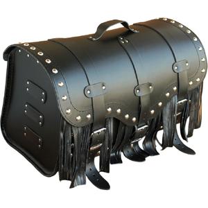 Motorradkoffer aus Leder mit Schloss, Nieten und Fransen, Modell RSA K155, schwarz
