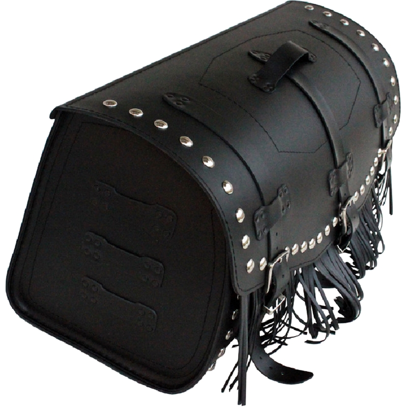 Motorradkoffer aus Leder mit Schloss, Nieten und Fransen, Modell RSA K461, schwarz