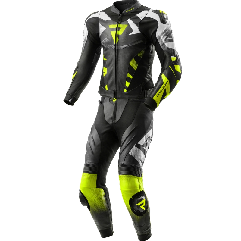 Rebelhorn Inferno zweiteiliger Motorradkombi aus Leder, schwarz-fluoreszierend gelb