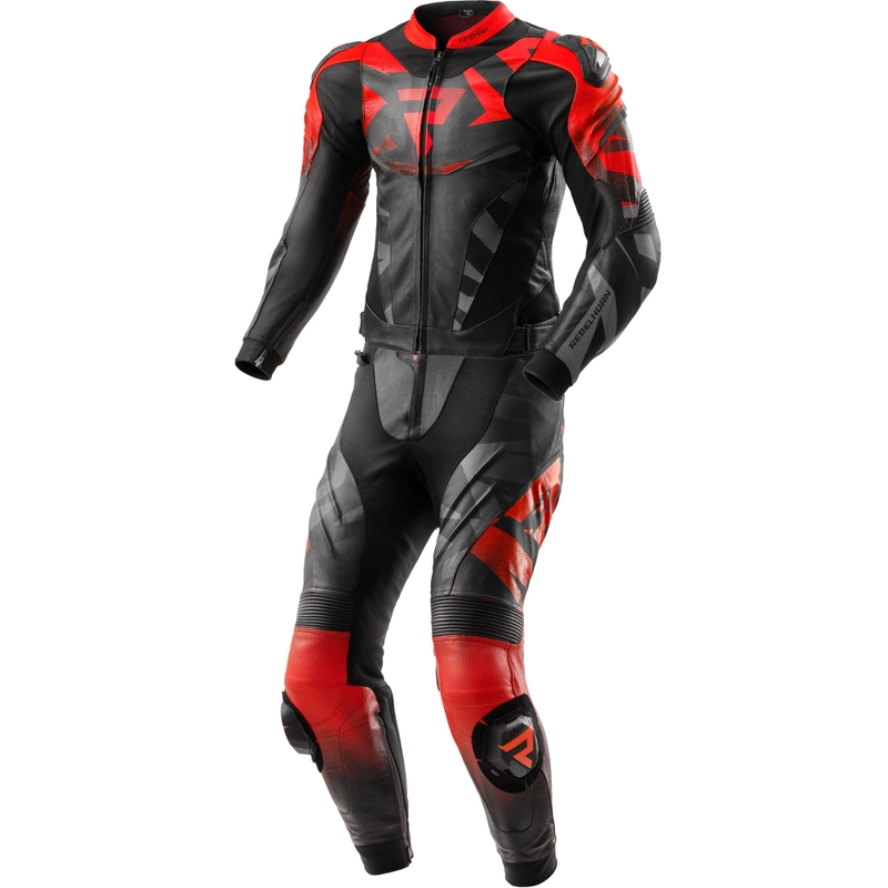 Rebelhorn Inferno zweiteiliger Motorradkombi aus Leder, schwarz-fluoreszierend rot