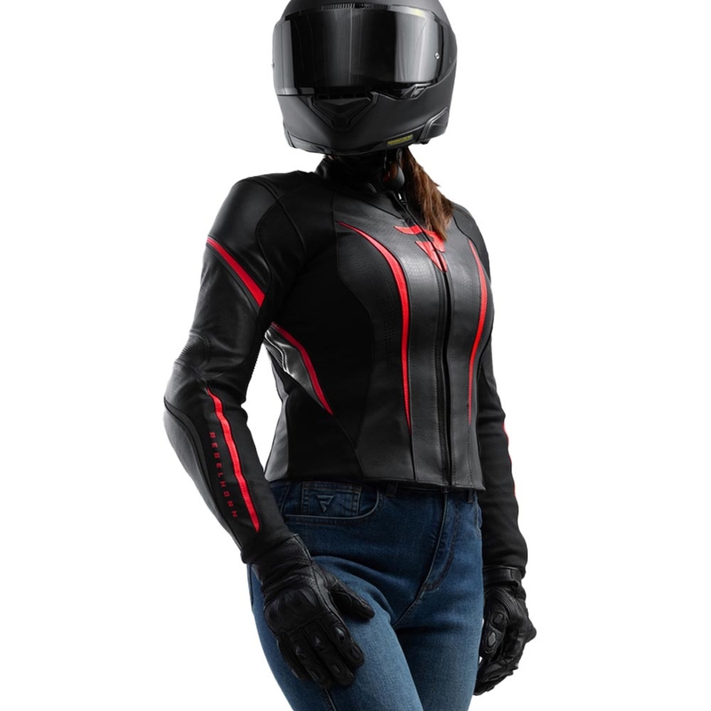 Rebelhorn Diva ST Leder-Motorradjacke für Damen, schwarz-rot-weiß