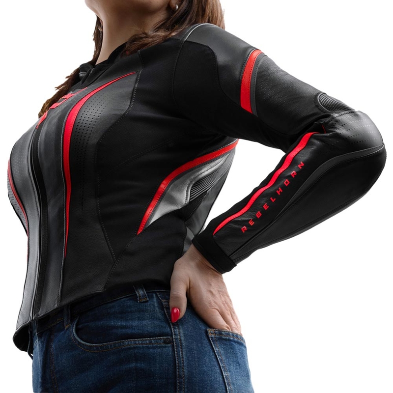 Rebelhorn Diva ST Leder-Motorradjacke für Damen, schwarz-rot-weiß