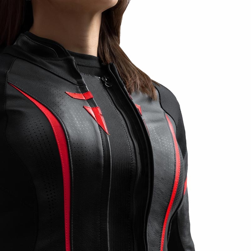 Rebelhorn Diva ST Leder-Motorradjacke für Damen, schwarz-rot-weiß