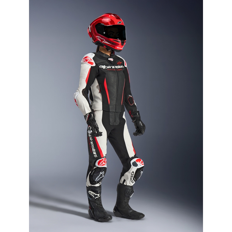 Alpinestars Stella GP-R7 Damen-Motorradkombi aus Leder, zweiteilig, schwarz-weiß-fluoreszierend rot