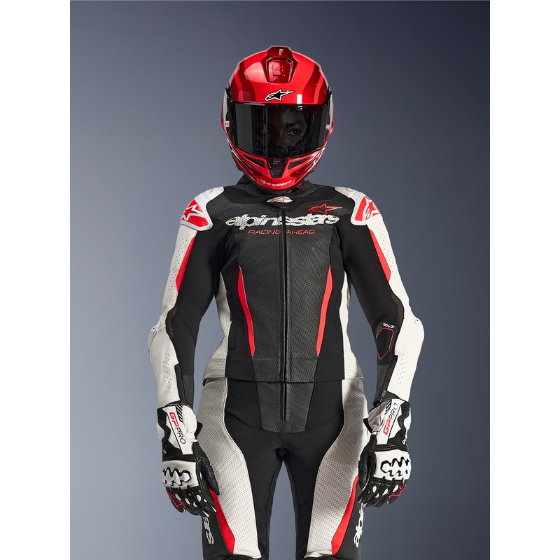 Alpinestars Stella GP-R7 Damen-Motorradkombi aus Leder, zweiteilig, schwarz-weiß-fluoreszierend rot