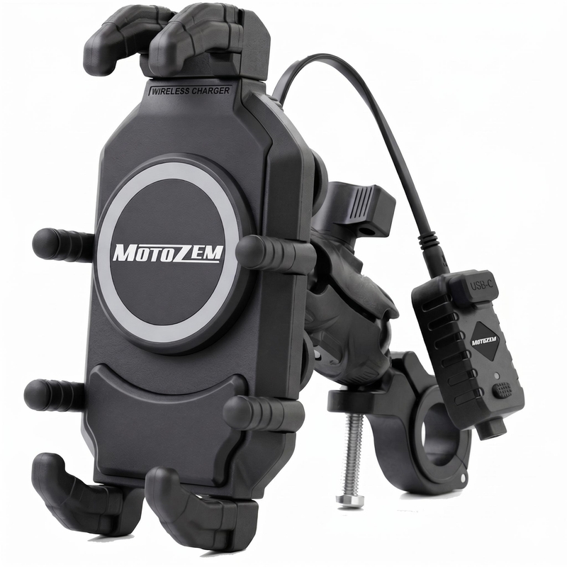 MotoZem Claw PRO Antivibrationshalterung mit kabellosem Ladegerät und USB-C-Anschluss, schwarz