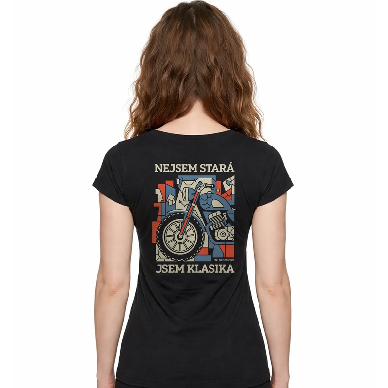Damen-T-Shirt „I AM A CLASSIC“ aus Nanosilber, schwarz