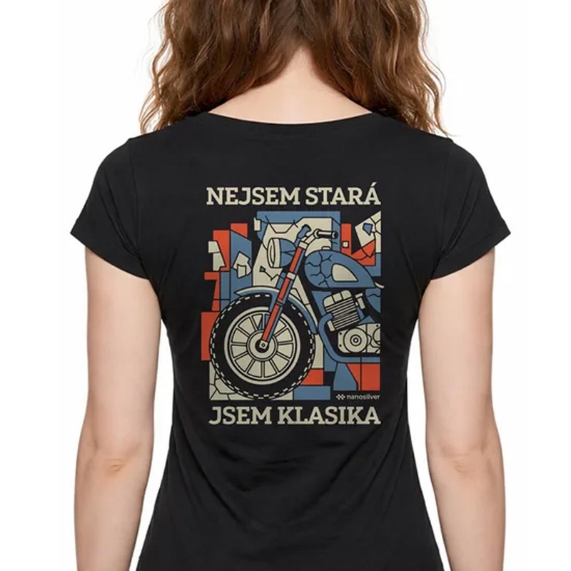 Damen-T-Shirt „I AM A CLASSIC“ aus Nanosilber, schwarz