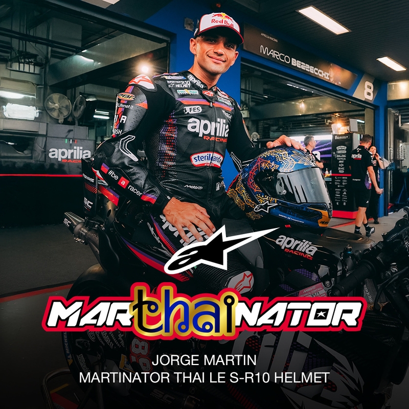 Alpinestars Supertech R10 Marthainator Limited Edition Integralhelm, limitiert von JORGE MARTIN, Modell Blue Pearl, Gold Red