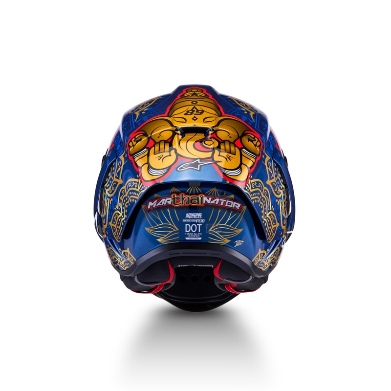 Alpinestars Supertech R10 Marthainator Limited Edition Integralhelm, limitiert von JORGE MARTIN, Modell Blue Pearl, Gold Red